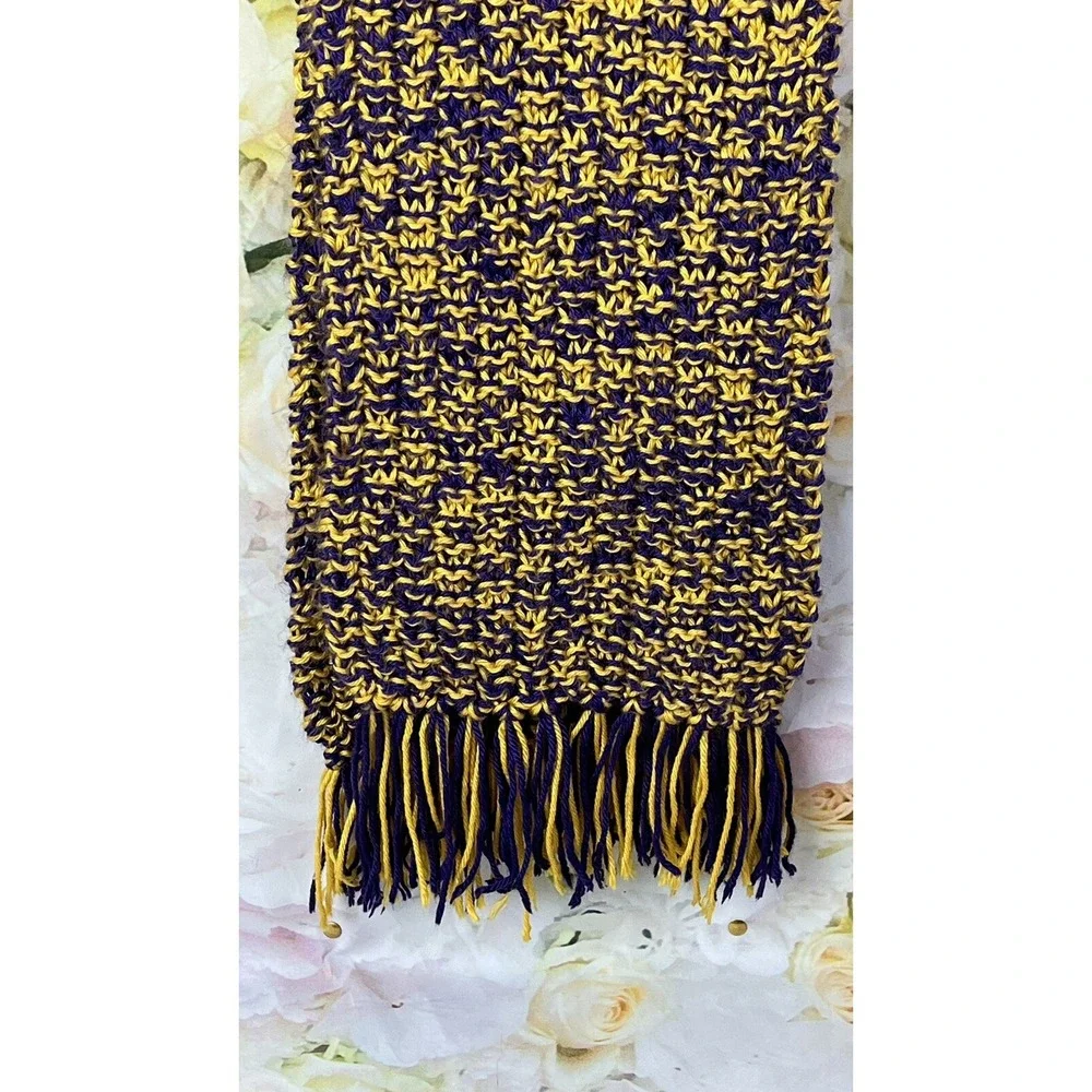 Crochet Scarf With Fringe Handmade Boho Purple Yellow Gold LA Lakers 88 In Long
